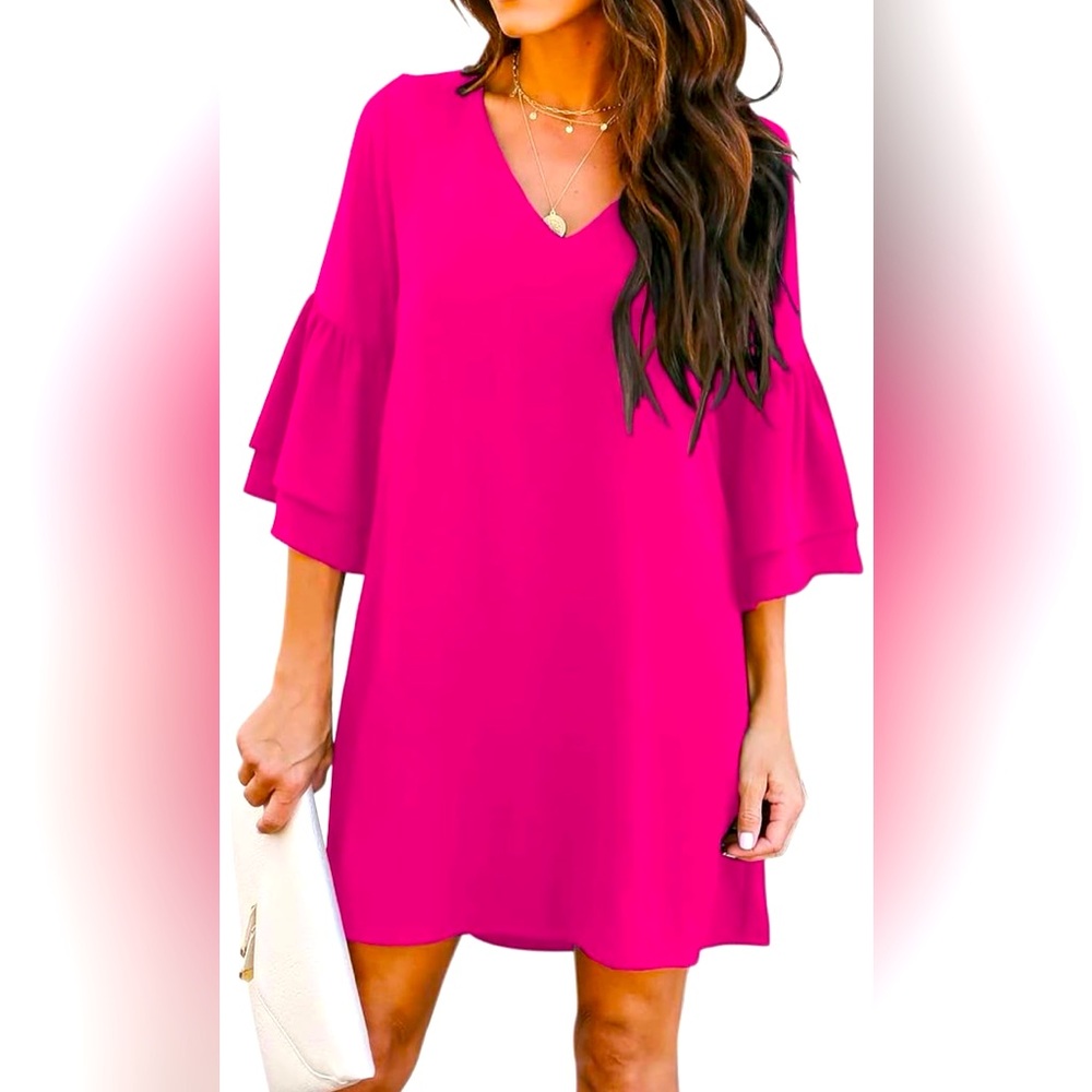 Vibrant Pink V-Neck Bell Sleeve Mini Dress